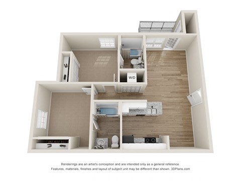 a stylized image of a 1 bedroom floor plan with a bathroom and a kitchen